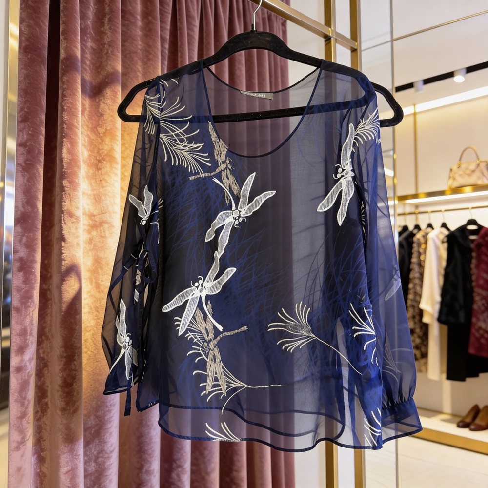 Harari Sheer Navy Dragonfly Embroidered Blouse